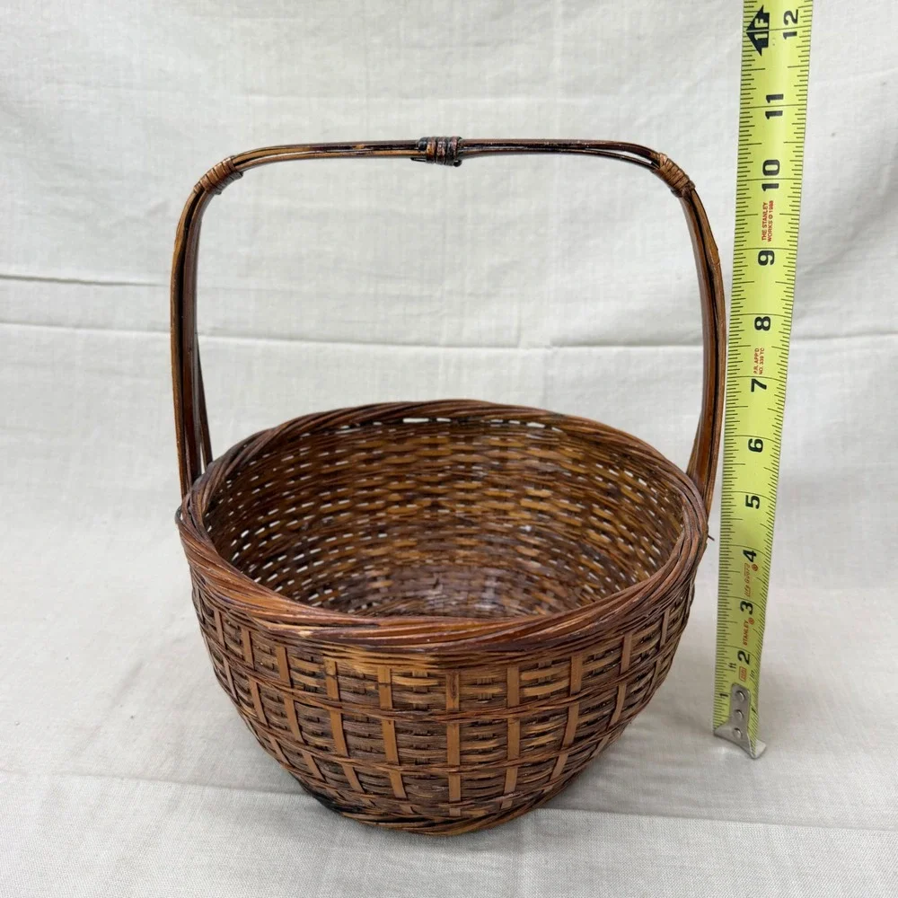 Vintage Woven Bamboo Gathering Basket with Handle Brown Rustic Farmhouse Decor